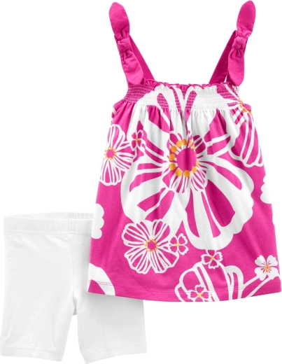 Mädchenset für den Sommer: Tunika und kurze Leggings, lila Blumen