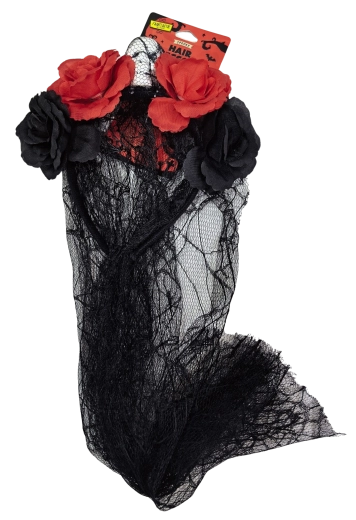 Halloween-Haarreif mit Schleier, Rosen und Totenkopf - 1 Stück