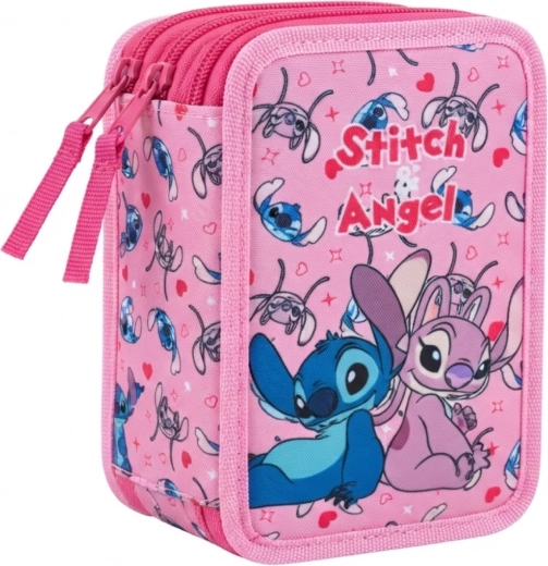 Dreistöckiges bestücktes Schulmäppchen Lilo & Stitch Stitch und Angel, rosa