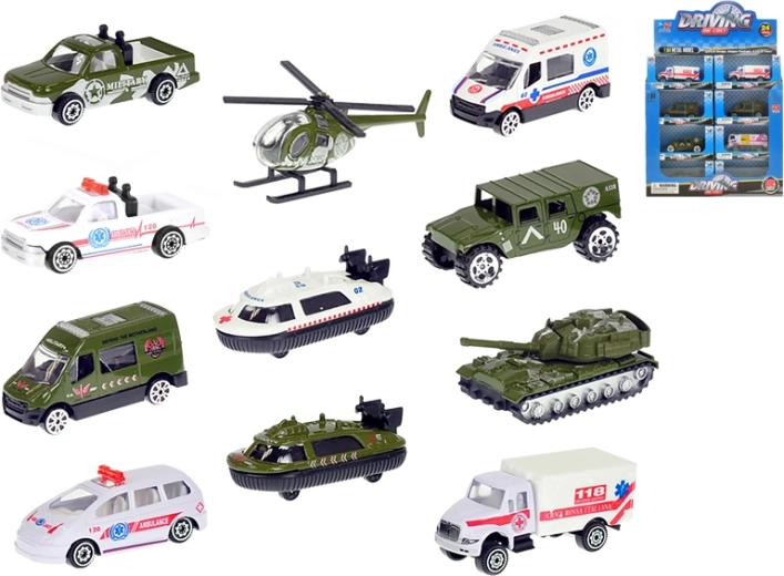 Metallische Militär- und Rettungsfahrzeuge 1:64, 7–8 cm, Freilauf