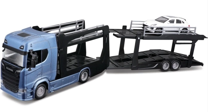 Bburago Street Fire Scania 770S Lkw mit Auflieger und Porsche Macan 1:43