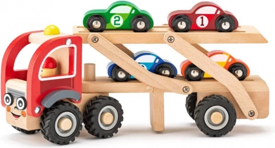 Holz-Autotransporter mit 4 Rennwagen