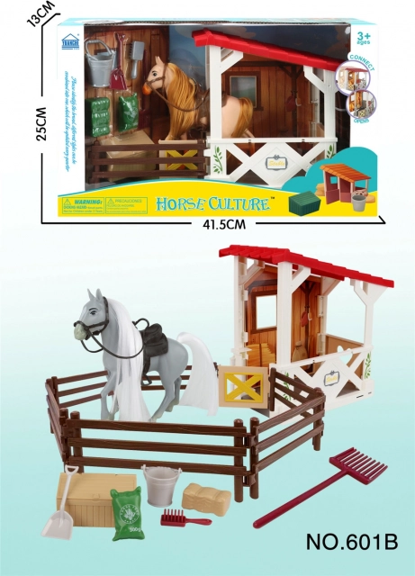 Pferdestall mit Pferd und Zaun – Bauernhof-Spielset für Kinder