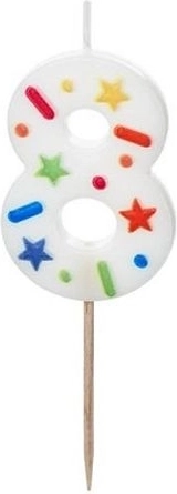 Geburtstagskerze Zahl 8, weiß mit Konfetti, 5,5 cm