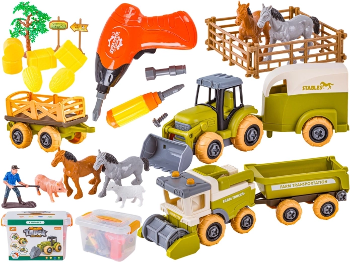 Bausatz-Mini-Farm – Traktor und Mähdrescher mit Schrauber und Tieren