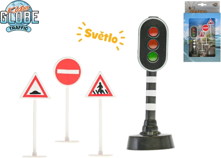 Batteriebetriebene Ampel mit Licht 13 cm + 3 Verkehrsschilder KIDS GLOBE TRAFFIC