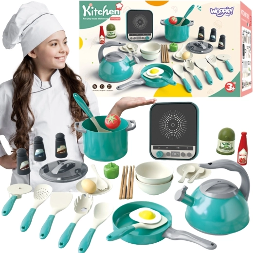 Woopie Kinderküche mit Induktion – Töpfe, Pfanne und Kanne, 30 Teile, grün