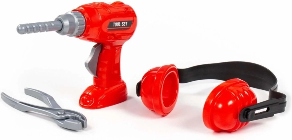 Kinder-Werkzeugset mit Bohrmaschine, Gehörschutz und Zange
