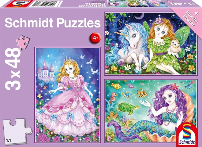 Puzzle SCHMIDT Prinzessin, Fee und Meerjungfrau 3×48 Teile