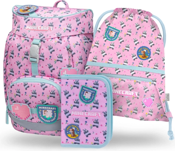 Schulset BAAGL Airy MINECRAFT Panda – Rucksack, Federmäppchen und Beutel für Hausschuhe