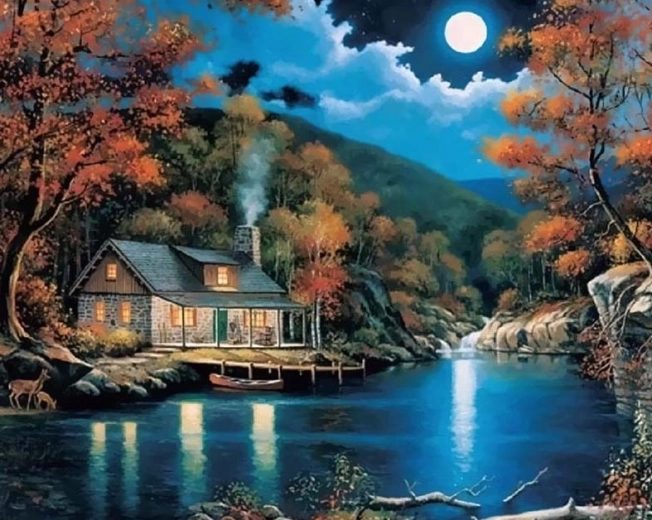 Diamantmalerei – Haus am See bei Nacht 30 × 40 cm