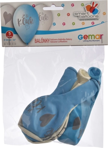 Latexballons „Es ist ein Junge“ blau-weiß 30 cm (5 Stk.)