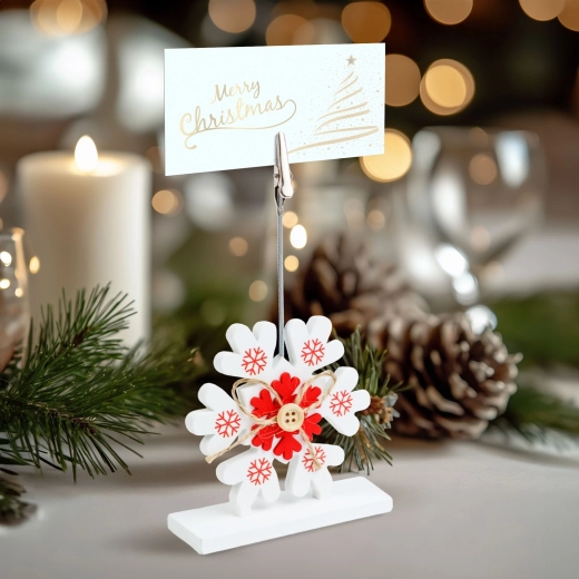 Weihnachtlicher Namenskartenhalter mit Klemme in Form eines Eiskristalls