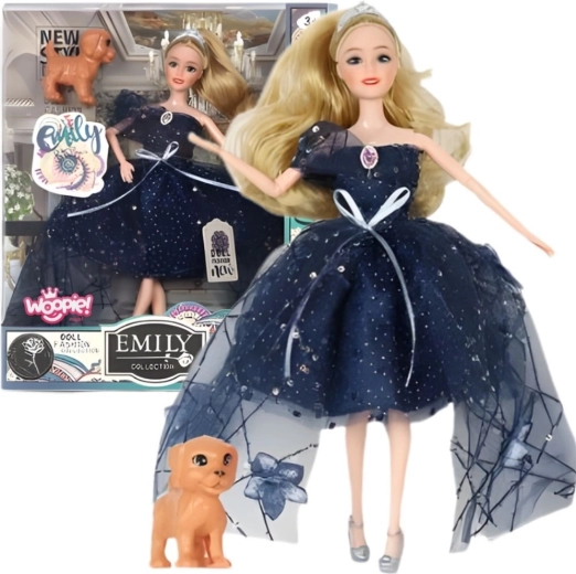 Puppe Emi mit Hündchen im dunkelblauen Kleid und mit Krone