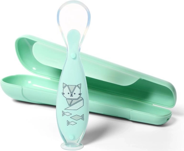 BabyOno Silikon-Löffel mit Saugnapf und Reiseetui, mint, 6M+