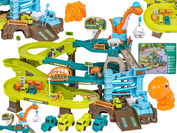 Kinder-Parkgarage und Rennbahn mit Autos und Kugeln – Dinosaurier