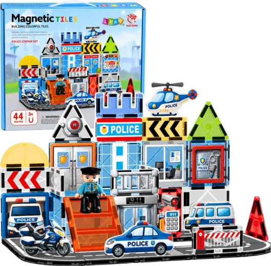 Magnetisches Baukasten-Set Polizeistation mit Fahrzeugen, 44 Teile