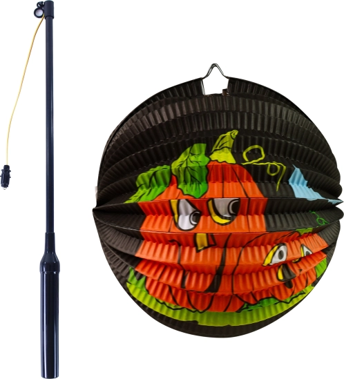Halloween Papier-Lampion Kürbis 25 cm mit leuchtender Stablampe 50 cm