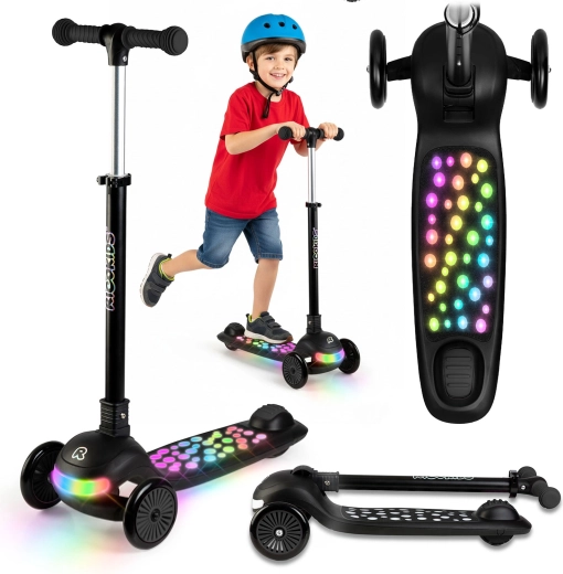 Ricokids Glowi – Schwarzer dreirädriger Kinder-Balance-Roller mit LED-Beleuchtung
