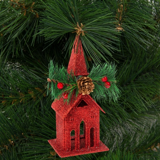 Rote glitzernde Weihnachtskirche mit Aufhänger
