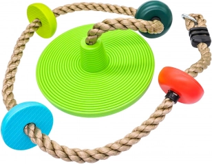 Seil mit bunten Knoten und grünem Sitz