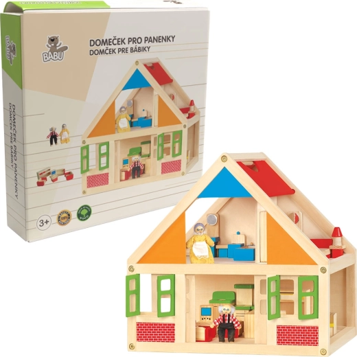 Babu hölzernes Puppenhaus mit Zubehör und 2 Figuren