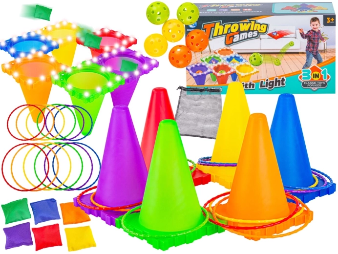 Geschicklichkeitsspiel 3-in-1 – Zielwurf mit LED-Kegeln, Bällen, Wurfsäckchen und Ringen