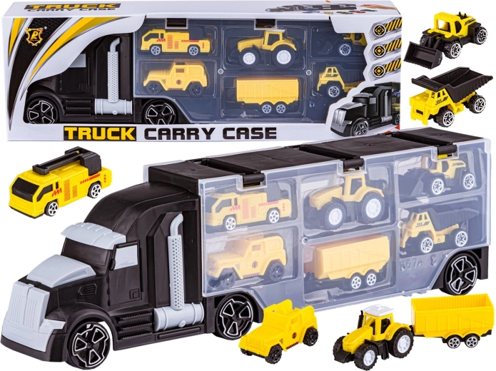 Schwarzer LKW-Transporter mit aufklappbarem Anhänger und Mini-Baufahrzeugen 6-in-1