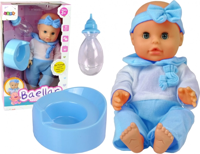 Blauer Stoffpuppe mit Töpfchen und Fläschchen 30 cm