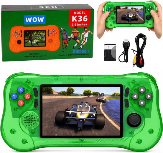 Tragbare Retro-Spielkonsole K36 mit 800 integrierten Spielen, transparent grün