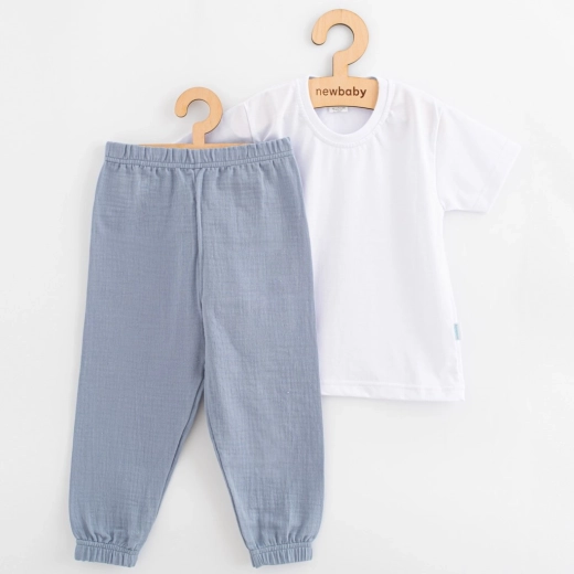 Kinder-Baumwollset T‑Shirt und Musselin-Hose blau‑grau 104 (3–4 Jahre)