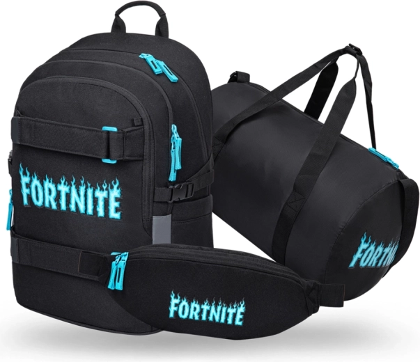 Baagl Set Fortnite Blue – Schulrucksack Skate, Sporttasche Hoop und Bauchtasche Snap