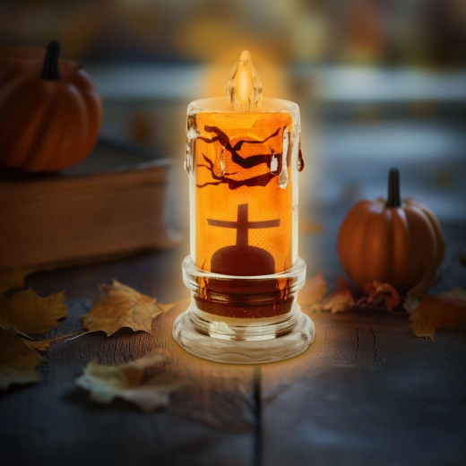 Halloween-LED-Kerze mit Grabsteinmotiv – 1 Stück