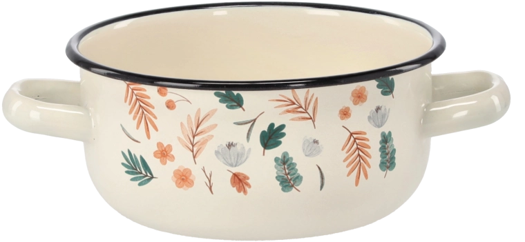 Emaillierter Stieltopf mit zwei Griffen 1,5 l, 16 cm, cremefarben, Blattmotiv