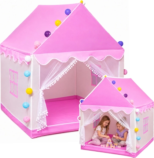 Kinderzelt im Häuschen-Design mit LED-Lichterkette fürs Zimmer, rosa