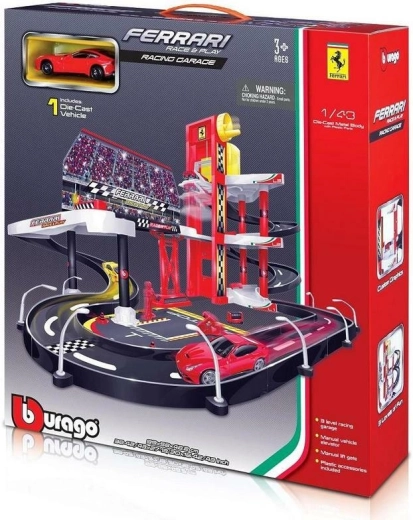 Bburago Ferrari Race+Play Garage mit Rennstrecke und Modellauto im Maßstab 1:43