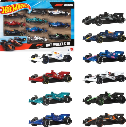 Hot Wheels Set mit 10 Formel-1-Rennwagen 2025 im Maßstab 1:64 – 10 Stück