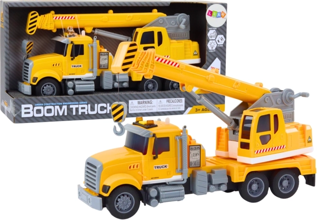 Gelber Lastkran mit Reibungsantrieb und Licht- und Toneffekten