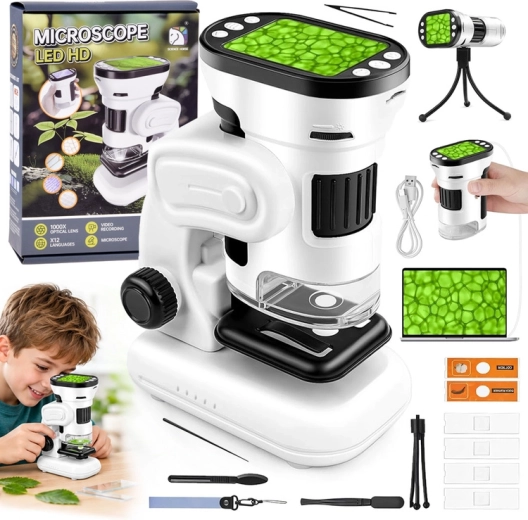 Digitalmikroskop für Kinder 1000× mit 2"-Display, LED und Kamera (polnisches Menü)