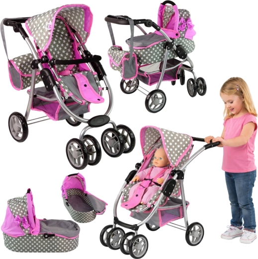 Puppenwagen 2-in-1 mit Liegewanne und Tasche mit Sternchen – Rosa-grau mit Sternchen (4325)