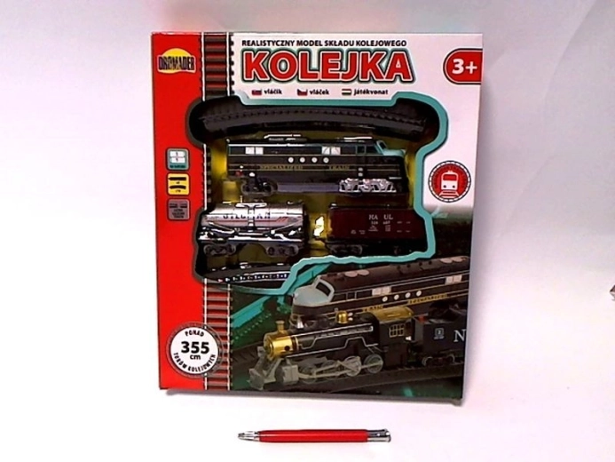 Kinder-Eisenbahnstrecke mit Lokomotive und zwei Waggons 355 cm - 1 Stück