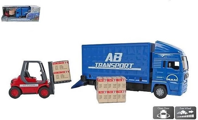 Kinder-LKW mit Gabelstapler und Kartons, 17 cm