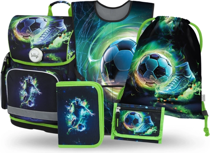 Baagl Schulset Ergo Fußballspieler – Schulranzen, Federmäppchen, Turnbeutel, Schürze und Geldbörse