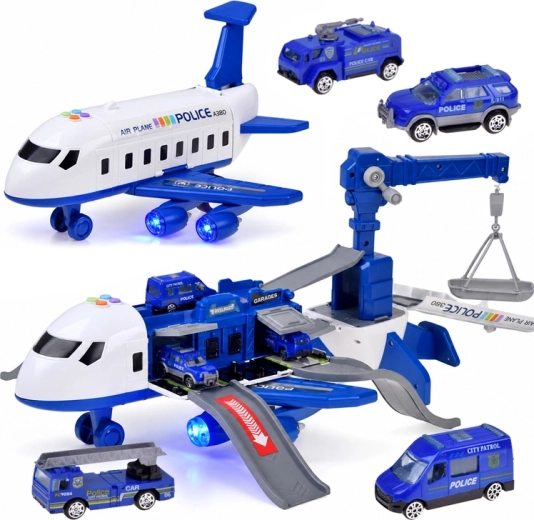 Polizeiflugzeug mit Parkplatz, Kran und 4 Autos