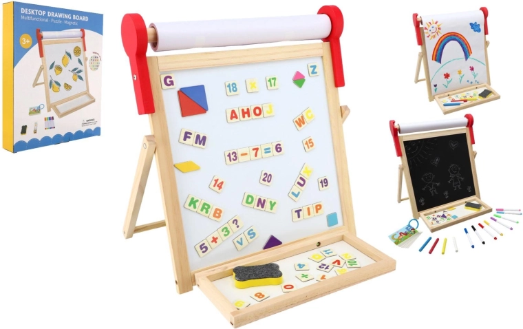 Beidseitige magnetische Kindertafel aus Holz 33 × 33 cm mit Papierrolle und Zubehör