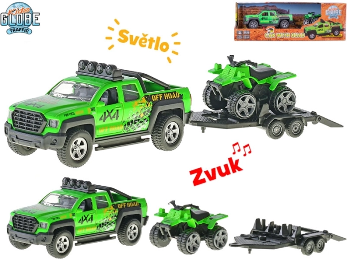 Kids Globe Traffic Auto mit Anhänger und Quad, Metallmodell 13 cm mit Licht und Sound
