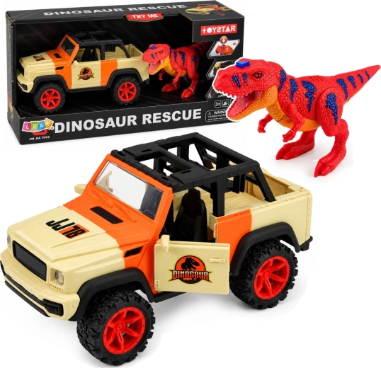 Geländewagen mit T‑Rex-Dinosaurier mit Licht- und Soundeffekten