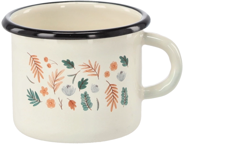 Emaillebecher 0,5 l cremefarben mit Blattmotiv