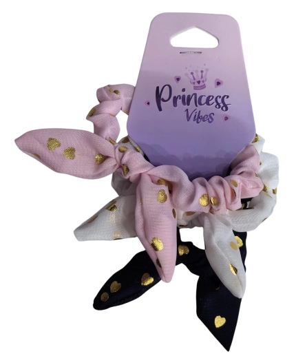 PINK Set aus Scrunchie-Haargummis mit Schleife und goldenen Herzen – 3 Stk.