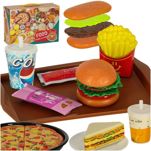 Kinder-Spielset aus Kunststoff-Lebensmitteln – Pizza, Desserts und Getränke (56 Teile)
